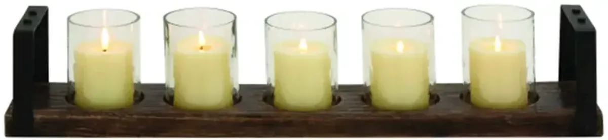 Five Glass Candleholders In Wood Tray 28"W x 5"H