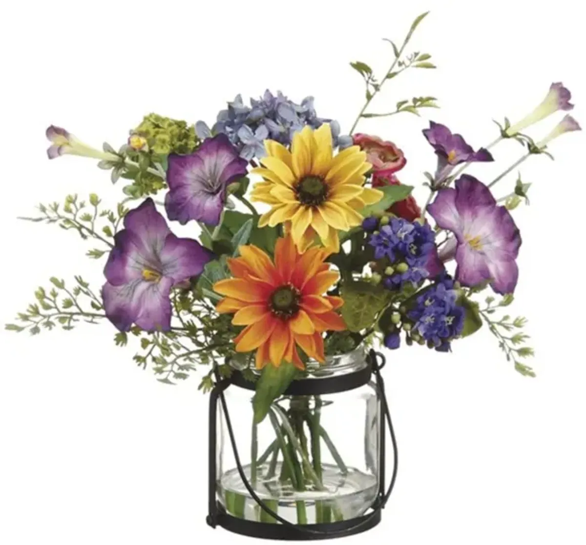 Mixed Daisy and Morning Glory Flowers In Glass and Metal Vase 11"H