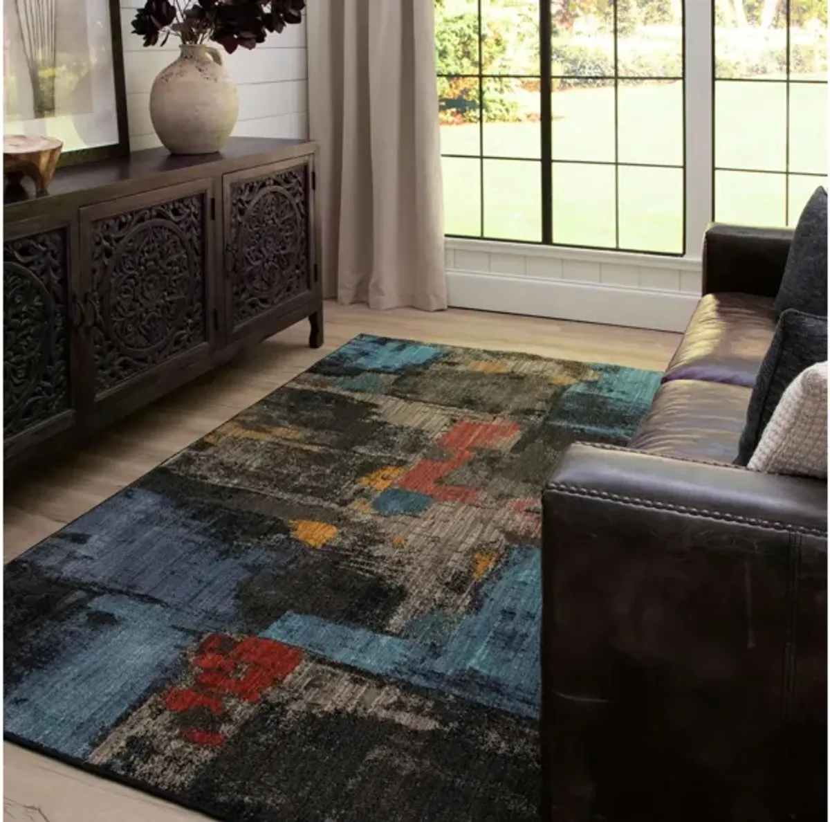 Elements Black/Blue/Red Area Rug 5'3"W x 7'10"L