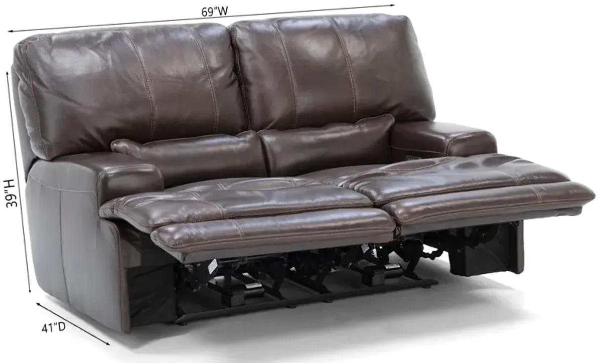 Placier Leather Power Headrest Reclining Loveseat in Coffee