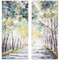 Set of 2 Green and Yellow Trees Paintings 24"W x 54"H