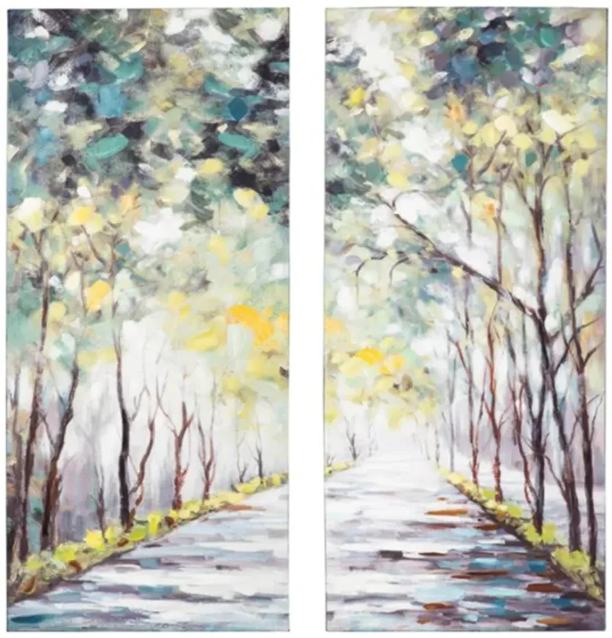 Set of 2 Green and Yellow Trees Paintings 24"W x 54"H