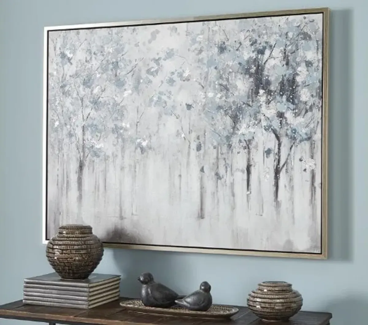 Blue, Grey, and White Misty Forest Trees Framed Wall Art 47"W x 37"H