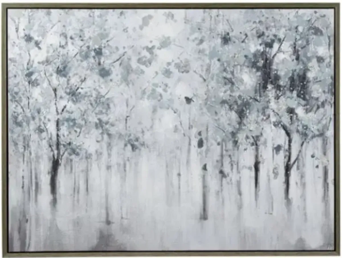 Blue, Grey, and White Misty Forest Trees Framed Wall Art 47"W x 37"H