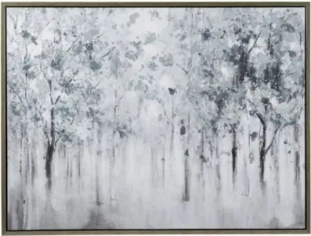 Blue, Grey, and White Misty Forest Trees Framed Wall Art 47"W x 37"H