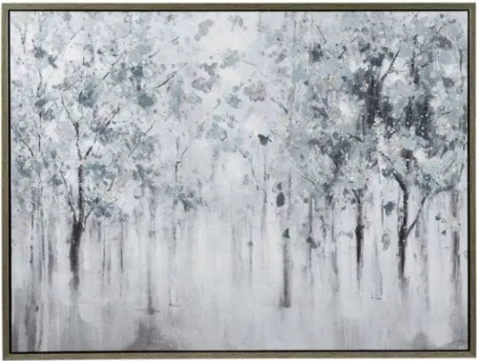 Blue, Grey, and White Misty Forest Trees Framed Wall Art 47"W x 37"H