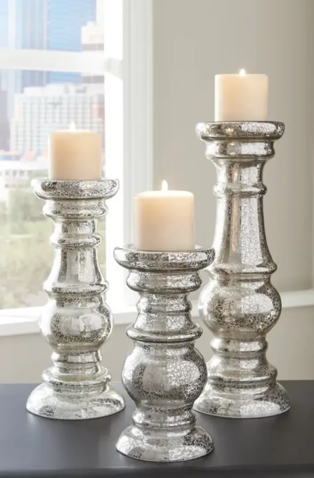 Set of 3 Mercury Glass Candleholders 9.5/12.5/15.5"H