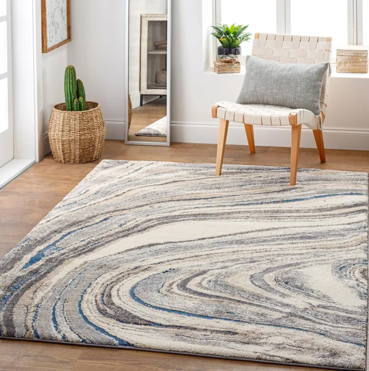 Tuscany Cream/Tan/Blue Swirl Area Rug 7'10"W X 10'3"L