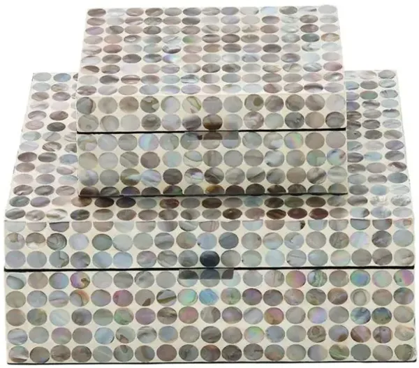 Set of 2 Wood Mother of Pearl Circle Inlay Boxes 8/12"