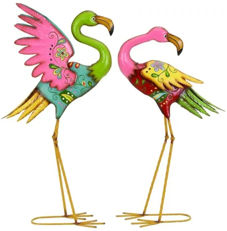 Set of 2 Multi Color Metal Flamingos 28/32"H