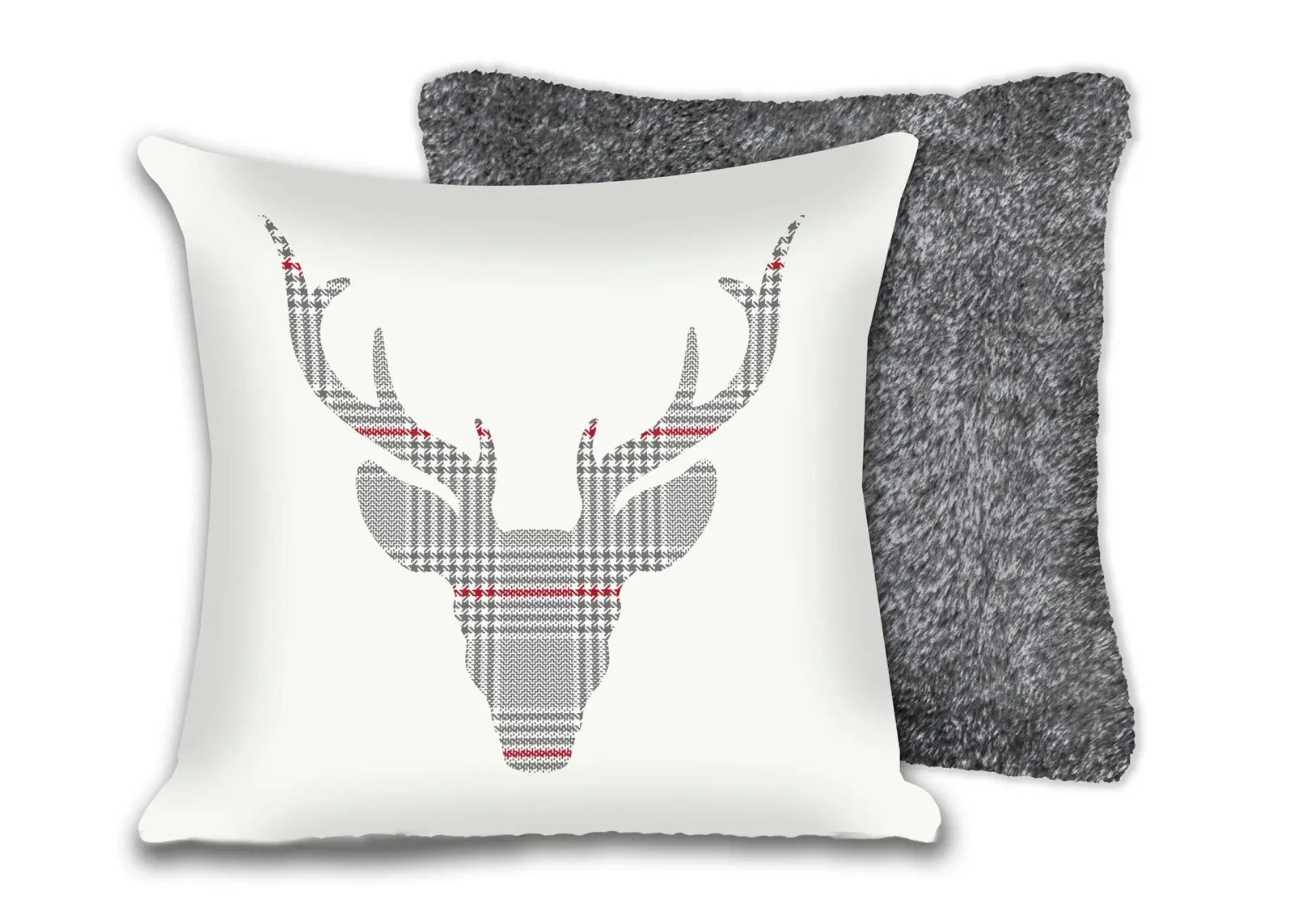 Plaid Deer Faux Fur Pillow 17"W x 17"H