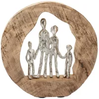 Silver and Brown Aluminum Family in Mango Wood Décor 12"W x 11"H