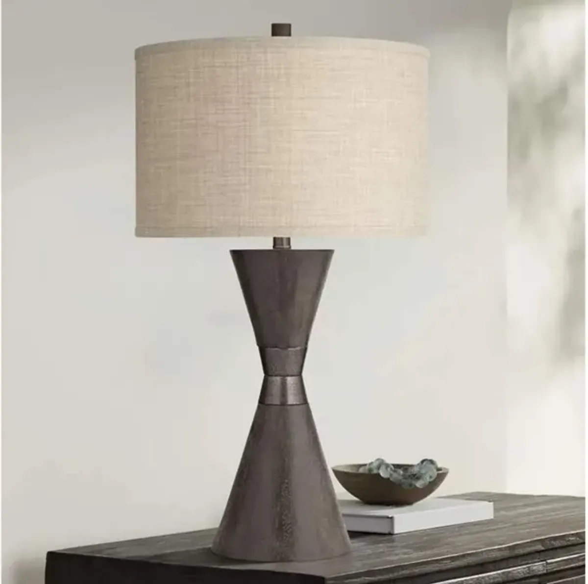 Double Brown Cone with Metal Band Table Lamp 29.5"H