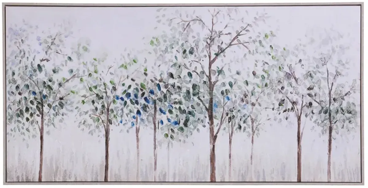 Blue, Green, and Cream Spring Trees Framed Canvas 29"W x 56"H