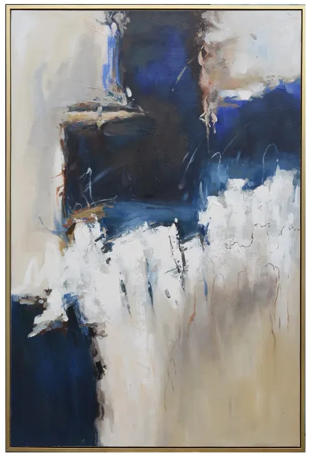 Blue, Cream, and Black Abstract Framed Painting 48"W x 72"H
