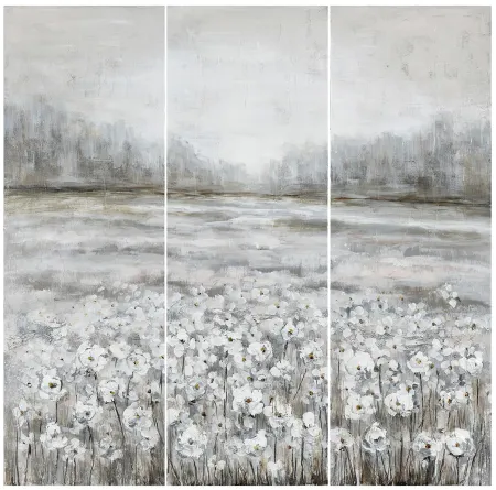 Set of 3 Field of White Flowers Handpainted Art 16"W x 47"H