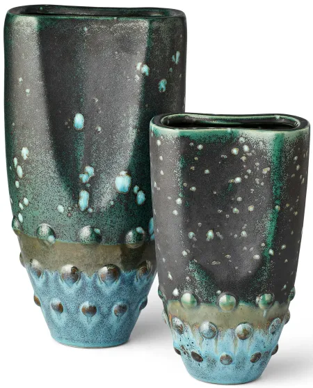 Set of 2 Aqua and Teal Vases 9"W x 16"H