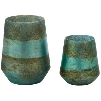 Set of 2 Antique Aqua Glass Candleholders 6.5/9"H