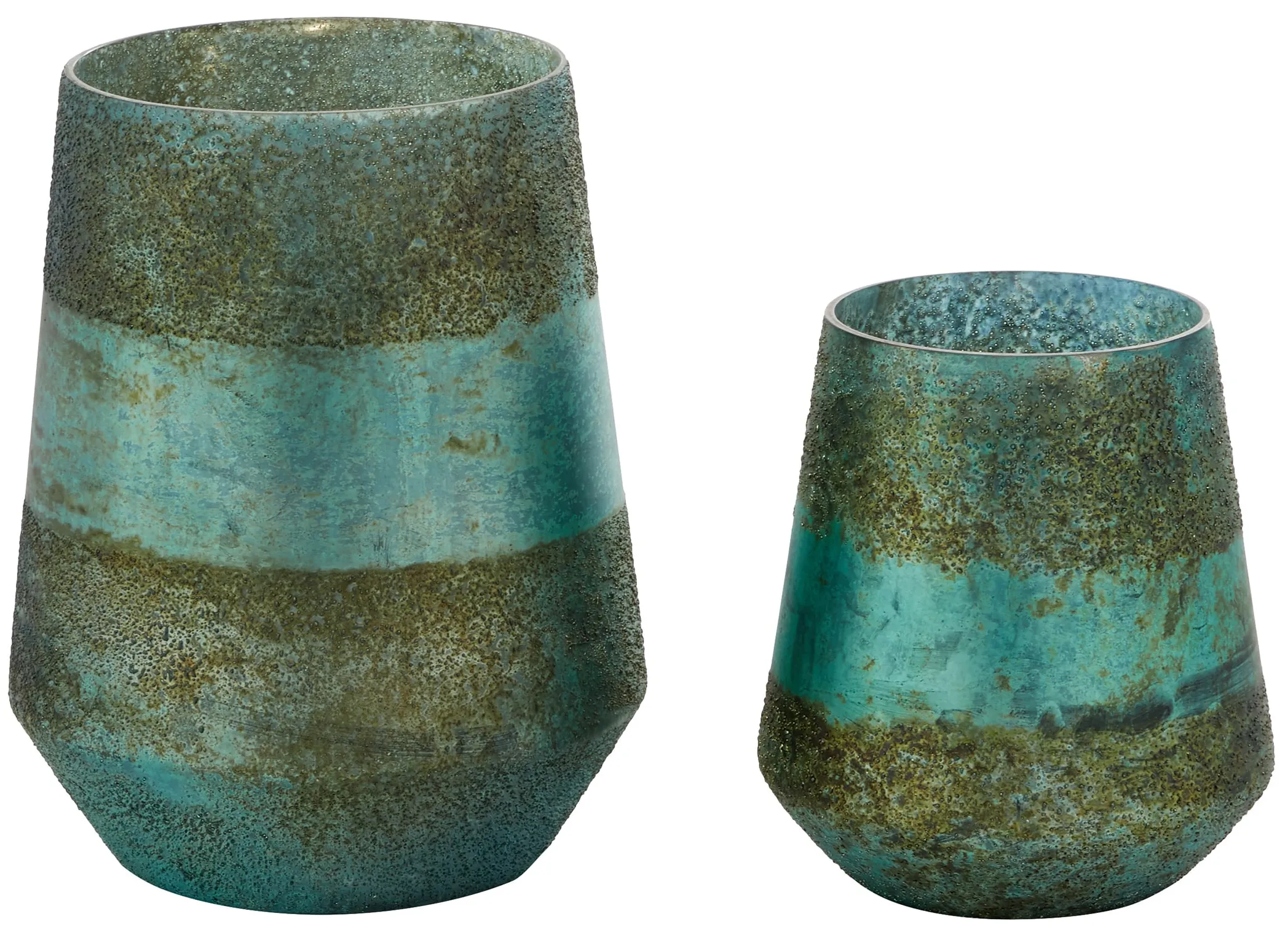 Set of 2 Antique Aqua Glass Candleholders 6.5/9"H