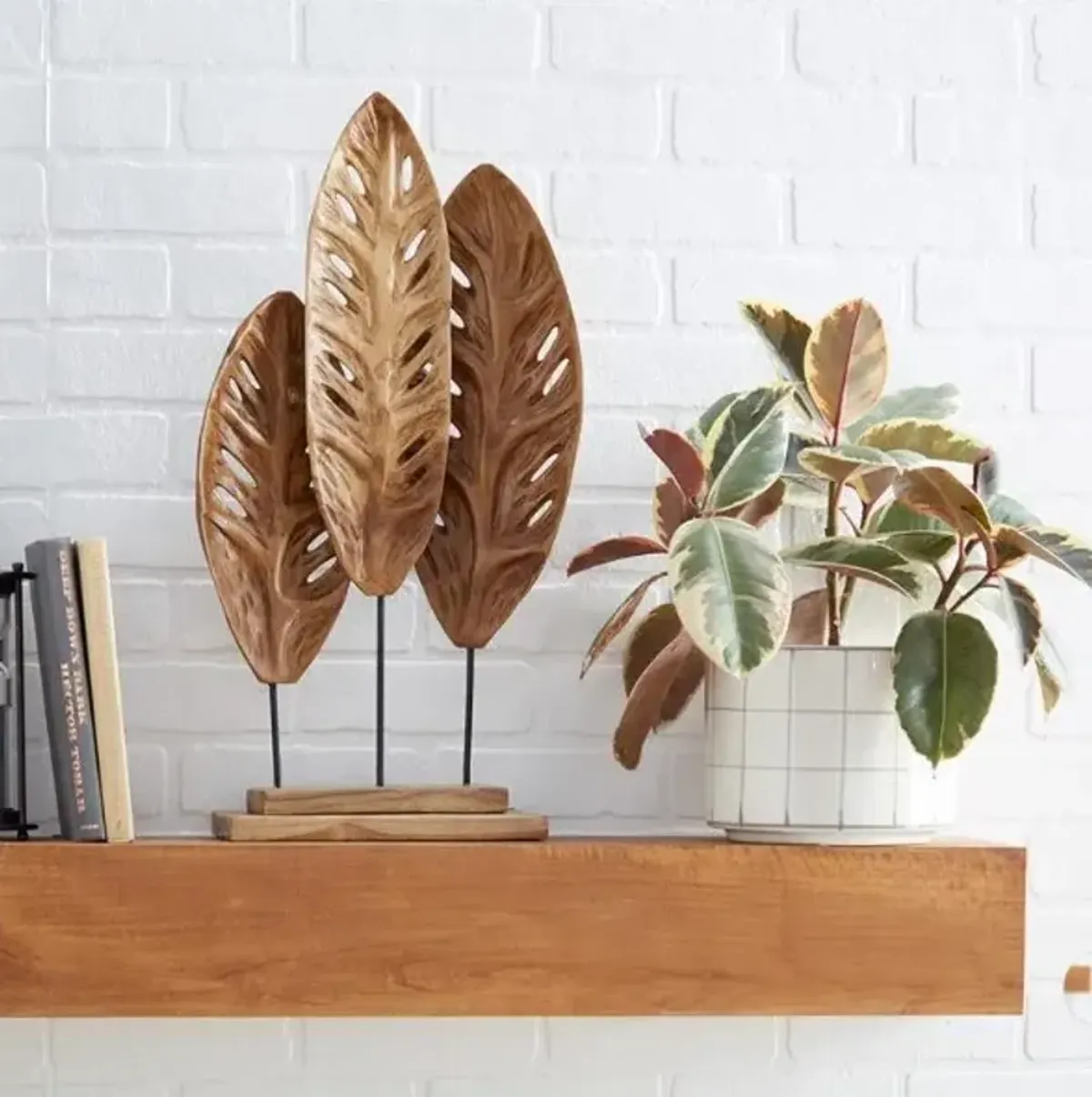 Teak Leaves Sculpture with Metal Base 12"W x 23"H