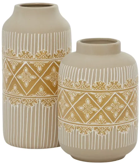 Set of 2 Beige and Yellow Ceramic Vases 9/11"H