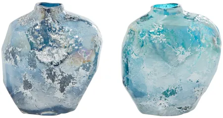 Set of 2 Blue Glass Vases 8/9"H