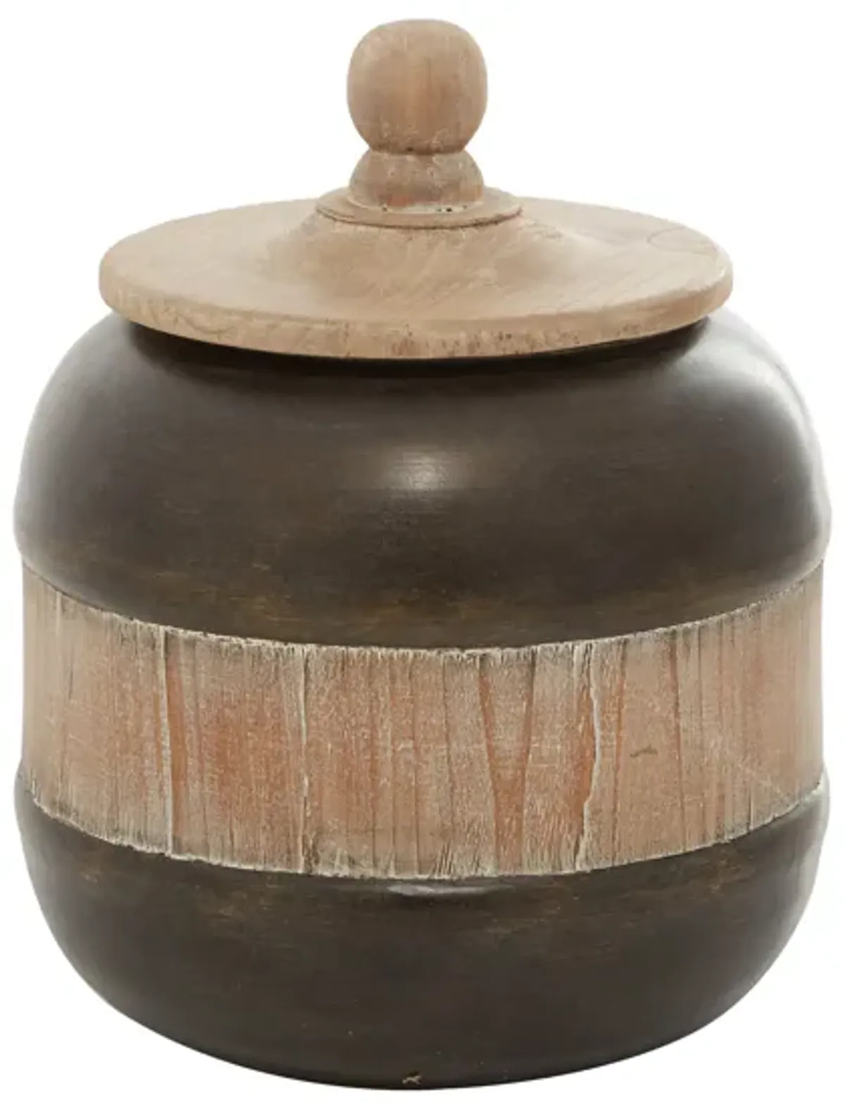 Small Bronze Metal and Wood Jar with Wood Lid 9"W X 11"H