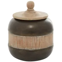 Small Bronze Metal and Wood Jar with Wood Lid 9"W X 11"H