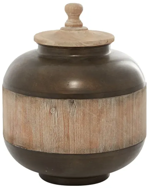 Large Bronze Metal and Wood Jar with Wood Lid 12"W X 14"H