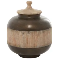 Large Bronze Metal and Wood Jar with Wood Lid 12"W X 14"H