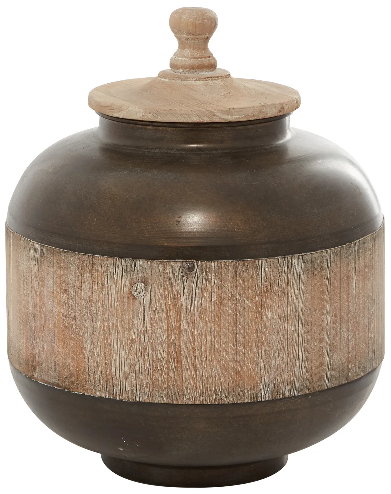 Large Bronze Metal and Wood Jar with Wood Lid 12"W X 14"H