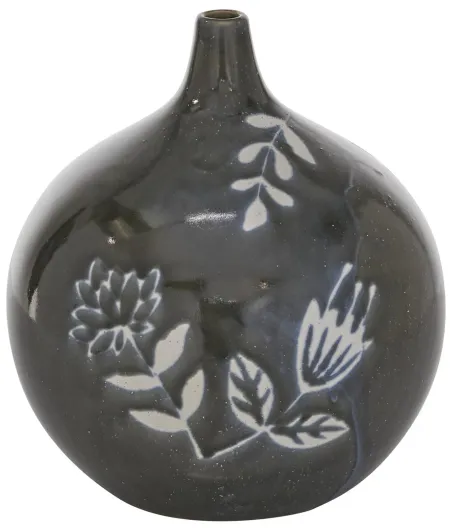 Charcoal and White Flower Ceramic Vase 9"W X 10"H