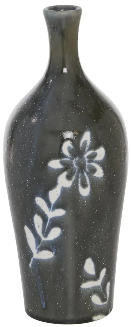 Tall Charcoal and White Flower Ceramic Vase 4.75"W X 12"H