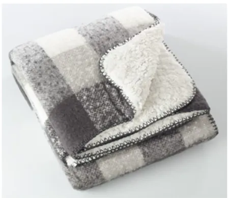 Light Grey Plaid Faux Mohair and Sherpa Throw 50"W x 60"L