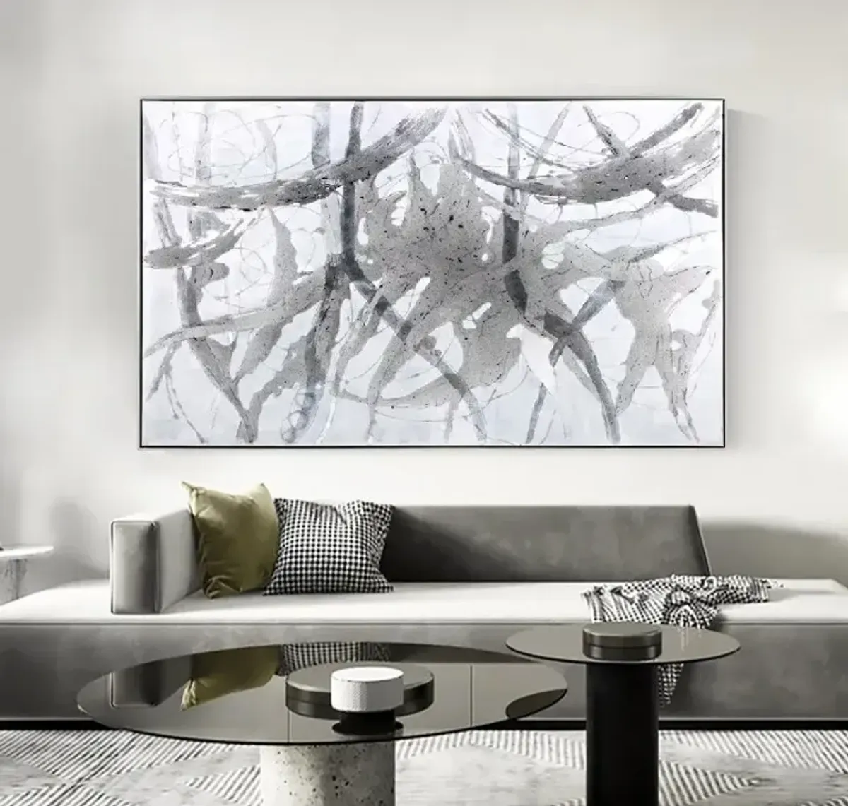 Grey and White Abstract Framed Oil Painting 62"W x 42"H