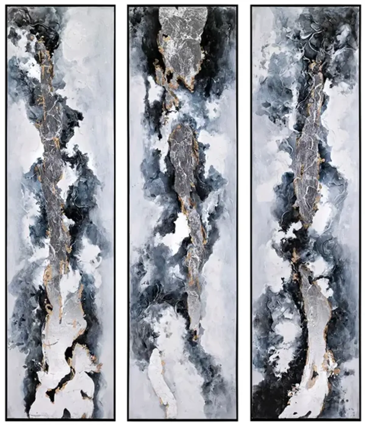 Set of 3 Blue, Silver, and Gold Framed Paintings 23"W x 86"H