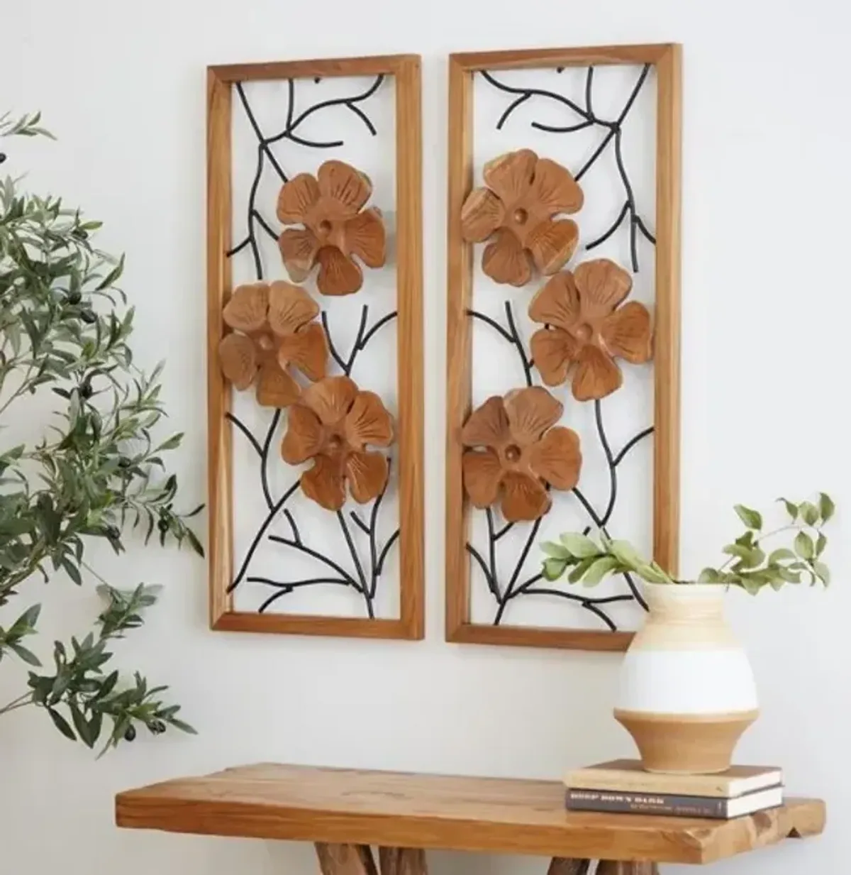 Set of 2 Teak Wood Flower Wall Décor 14"W x 32"H