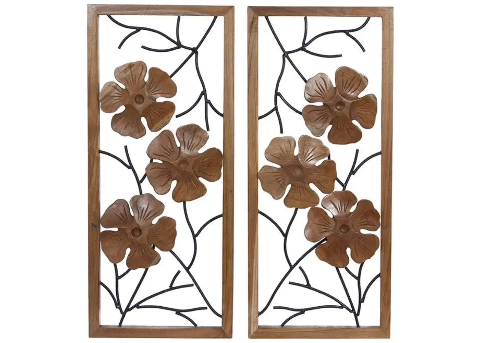 Set of 2 Teak Wood Flower Wall Décor 14"W x 32"H