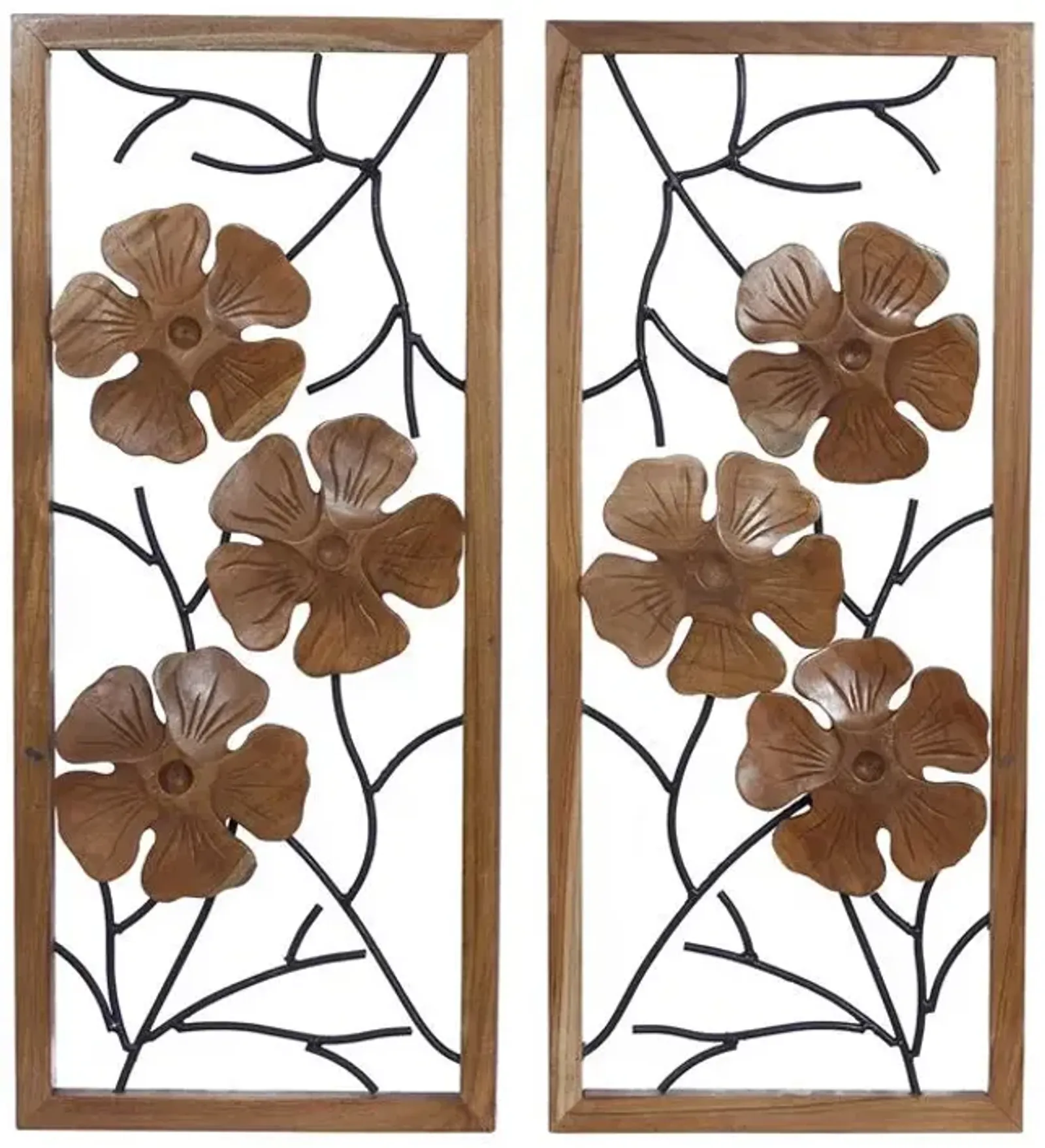 Set of 2 Teak Wood Flower Wall Décor 14"W x 32"H