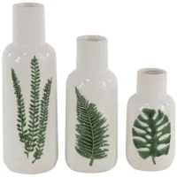 Set of 3 White and Green Ceramic Leaf Vases 10/12/15"H
