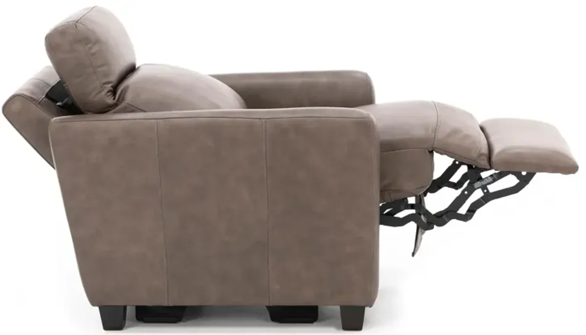 Pasadena Leather Dome Arm Power Headrest Recliner in Driftwood
