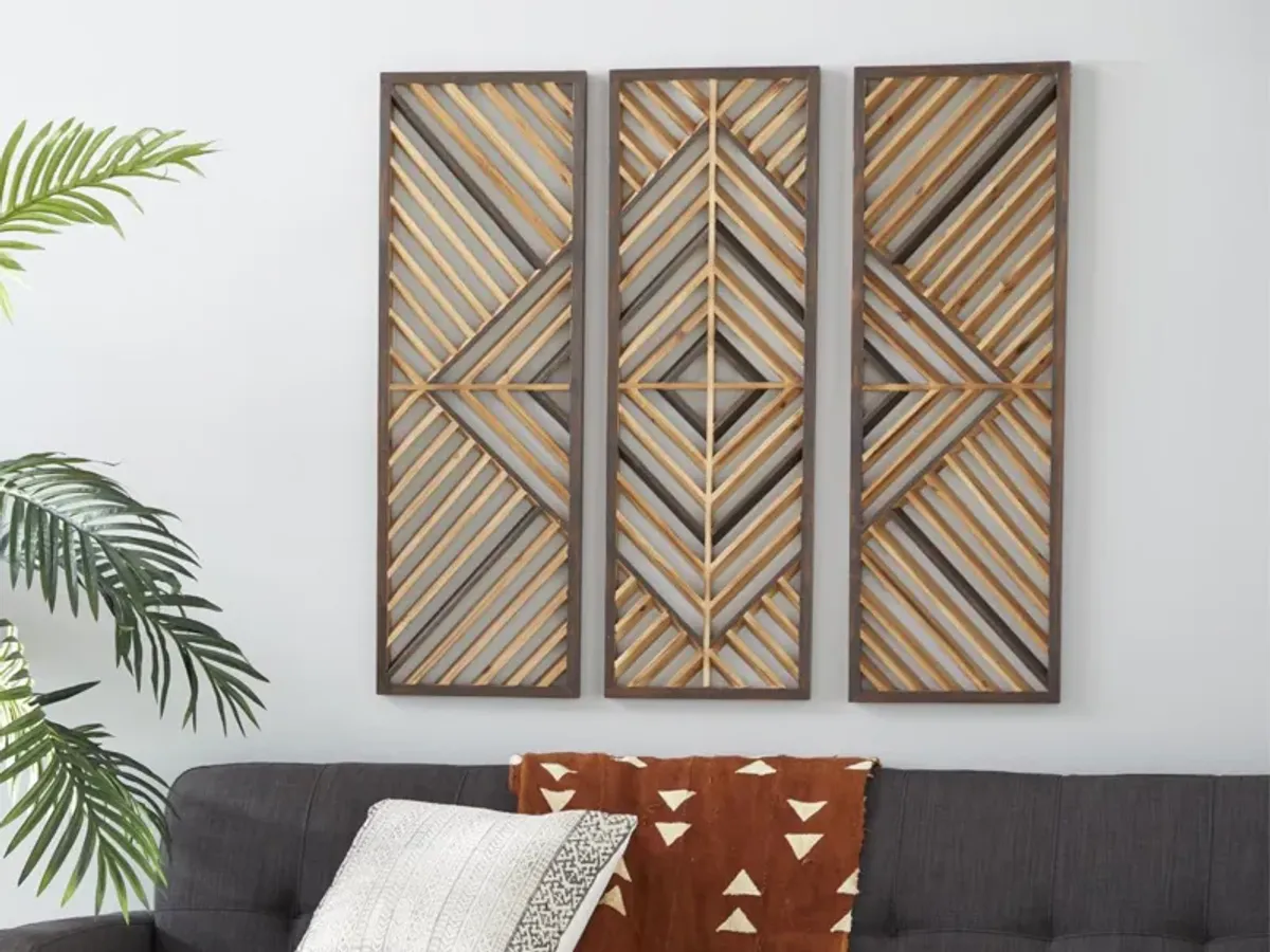 Set of 3 Brown Wood Geometric Wall Plaques 12"W x 35"H