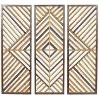 Set of 3 Brown Wood Geometric Wall Plaques 12"W x 35"H
