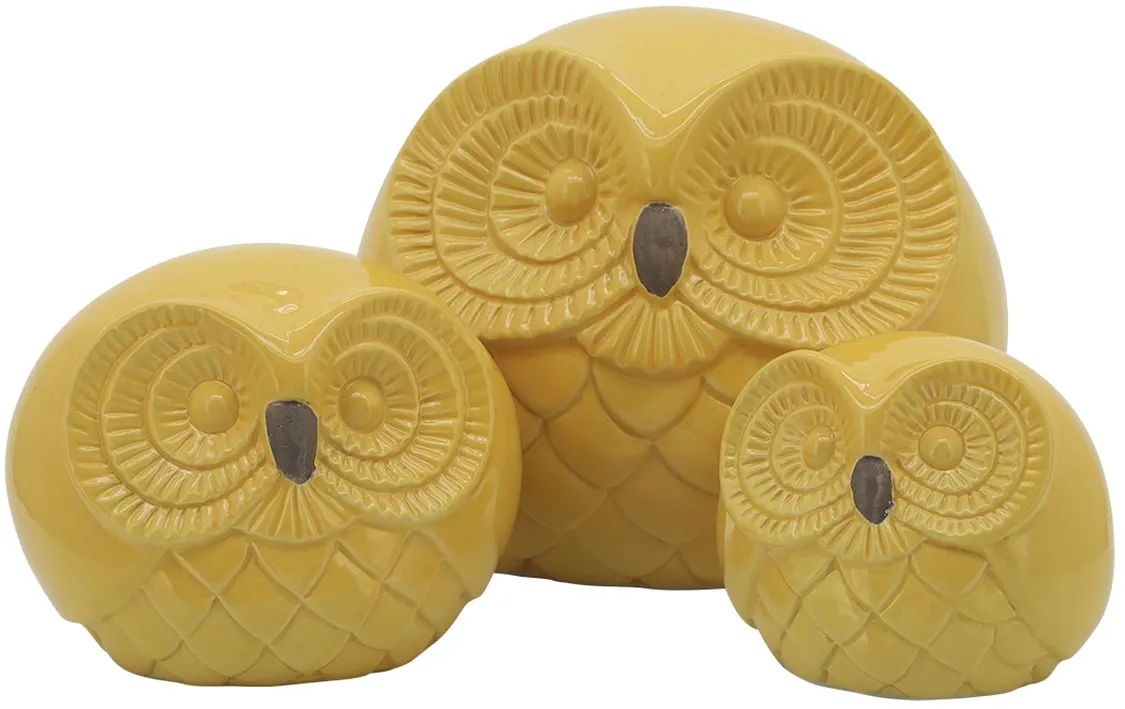 Set of 3 Yellow Ceramic Owl Statues 8"W x 8"H