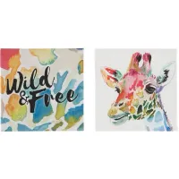 Set of 2 Wild & Free/Giraffe Wall Art 14"W x 14"H