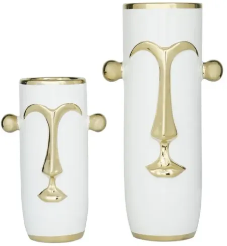 Set of 2 White and Gold Ceramic Face Vases 11/16"H