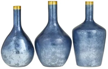 Set of 3 Blue and Gold Mercury Glass Vases 13/14"H