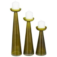 Set of 3 Green Glass Candleholders 10/12/15"H