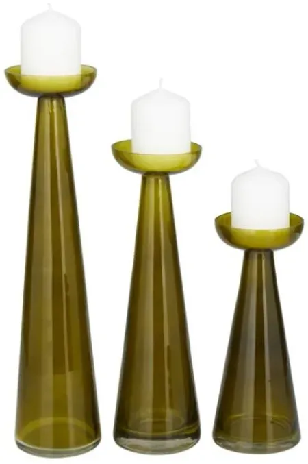 Set of 3 Green Glass Candleholders 10/12/15"H