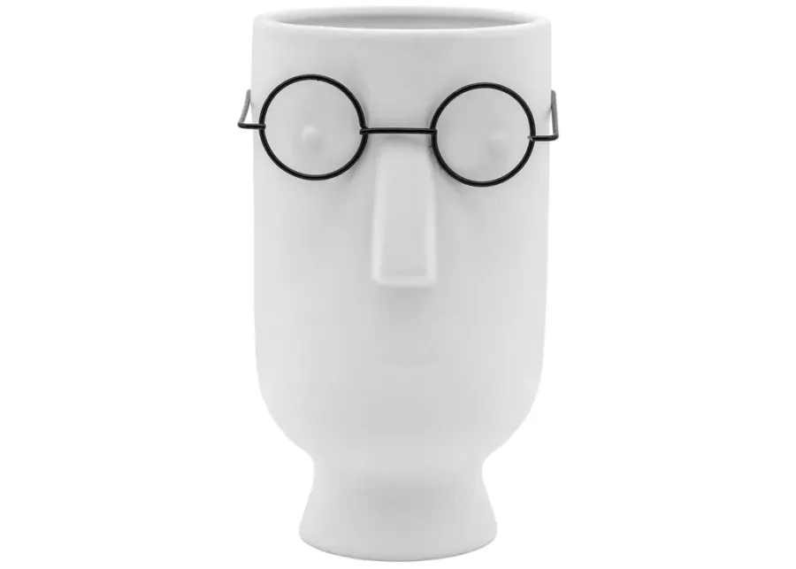 White Ceramic Face with Glasses Vase 5"W x 9"H